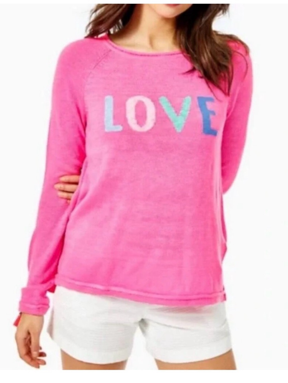 Lilly Pulitzer Pink "LOVE" Crewneck Sweater with Multicolor Lettering
